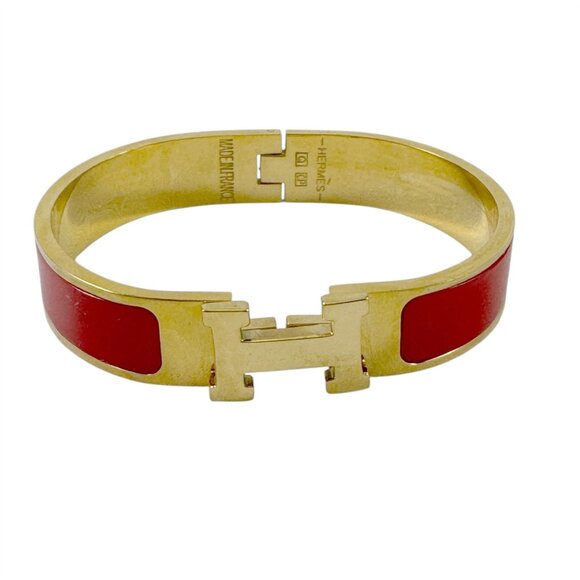 Hermes Clic H Bracelet Gold & Red Enamel Bracelet Rouge Amarante Made in France - Picture 2 of 8